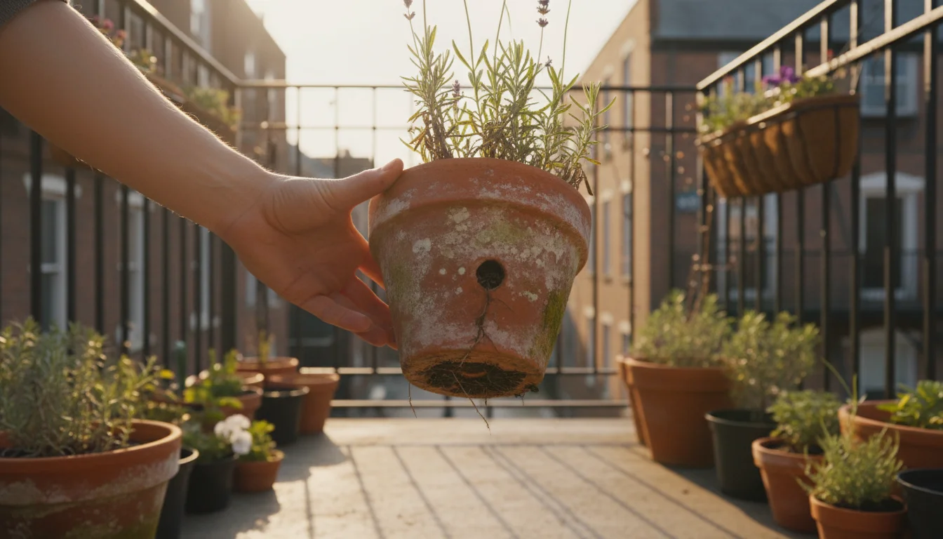 A close-up of hands lifting a terracotta pot with a stressed lavender plant, revealing a small, partially clogged drainage hole on a damp wooden balco