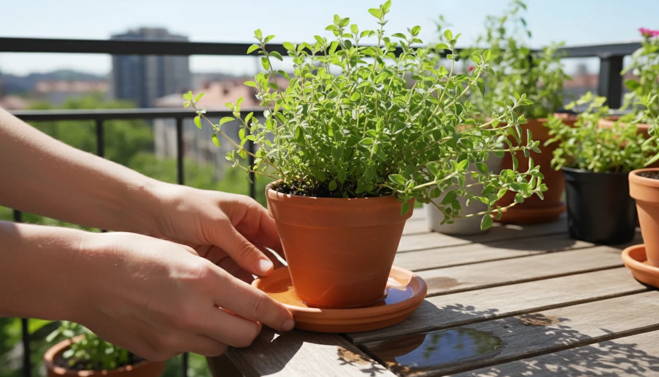 Close-up of hands lifting a terracotta pot with a thriving oregano herb off a saucer with excess water on a balcony table.