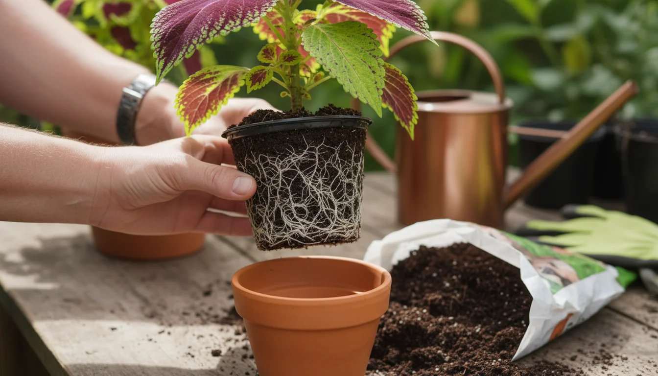 Close-up of hands gently lifting a well-rooted coleus cutting from a small plastic pot, preparing to repot it into a 4-inch terracotta pot on a kitche