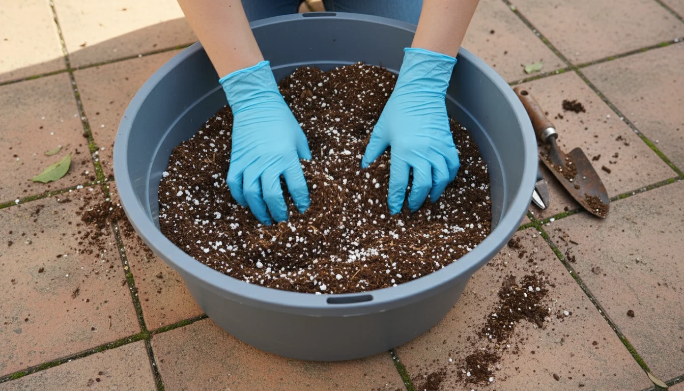 Hands in light blue gloves mixing fluffy potting mix with visible perlite and vermiculite in a gray tub on a terracotta patio.