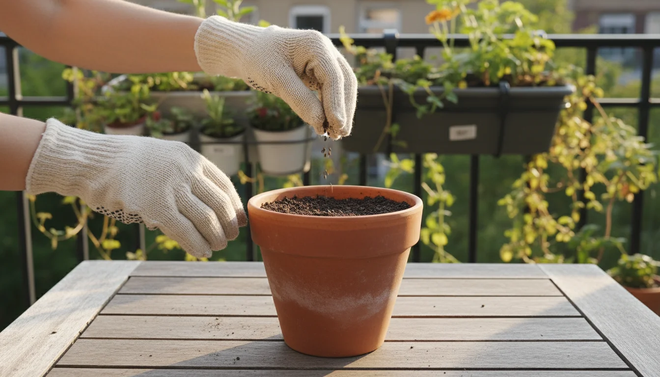 Hands in light cotton gloves gently seed a terracotta pot on a sunny patio table, with a blurred balcony garden behind.