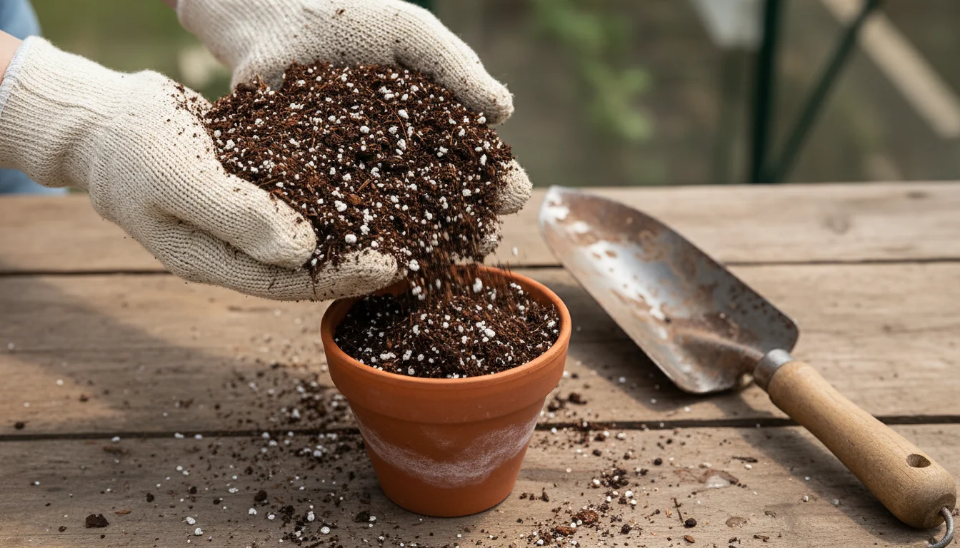 Hands in light gardening gloves sifting lightweight potting mix, showing perlite and coco coir, into a terracotta pot on a sunny wooden balcony surfac