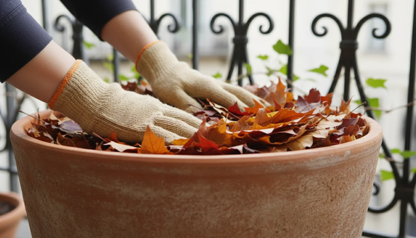 Hands in a light glove gently pressing colorful dried autumn leaves into a terracotta pot on a balcony.