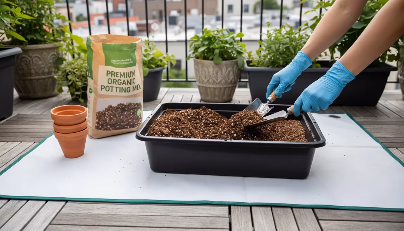 Hands in light gloves mix fresh, dark potting mix with older soil in a tub on a balcony, an open soil bag nearby.