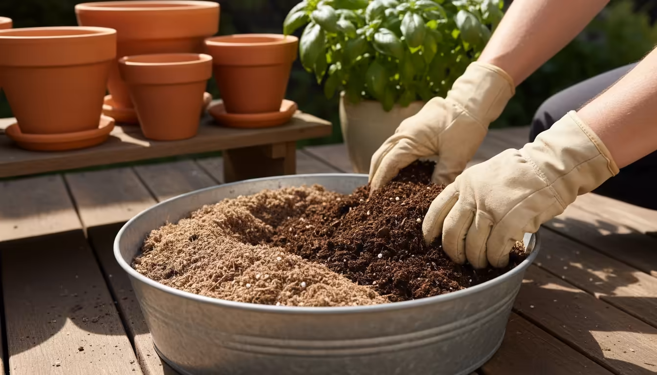 Hands in light gloves mixing dark compost into potting soil within a galvanized tub on a sunny patio, with blurred thriving plants and empty pots in t