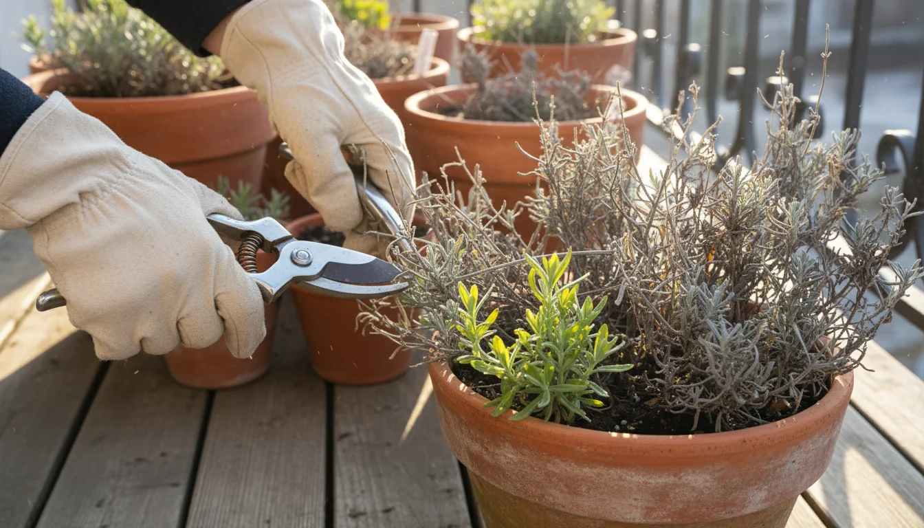 Hands in light gloves prune a winter-worn lavender plant in a terracotta pot on a sunny balcony, showing new green growth.