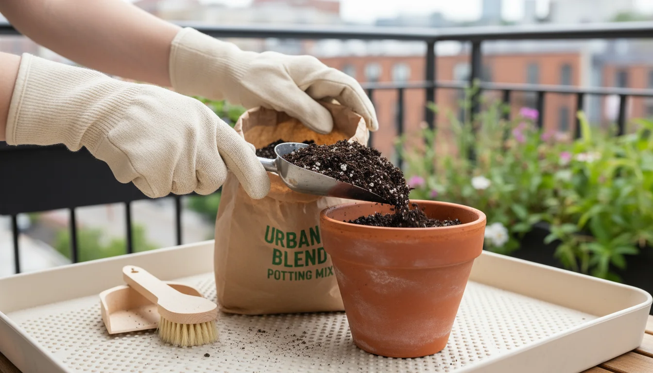 Hands in light gloves carefully scoop fresh potting mix from a bag into a terracotta pot on a clean mat, with a small dustpan and brush visible.