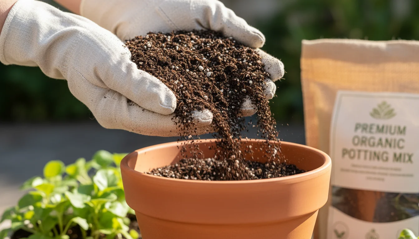Hands in light gloves sifting dark, airy potting mix with visible perlite into a terracotta pot on a sunny patio.