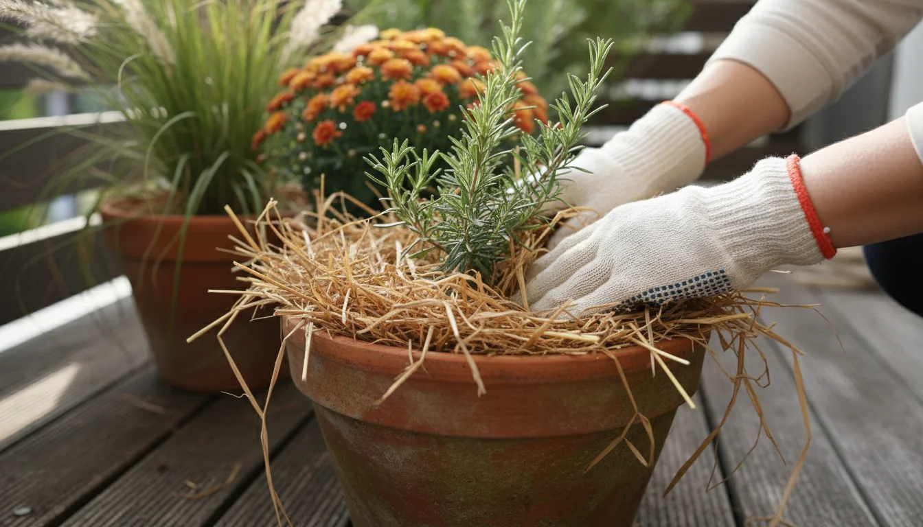 Hands in light gloves tucking straw mulch around a rosemary plant in a terracotta pot on a wooden balcony.