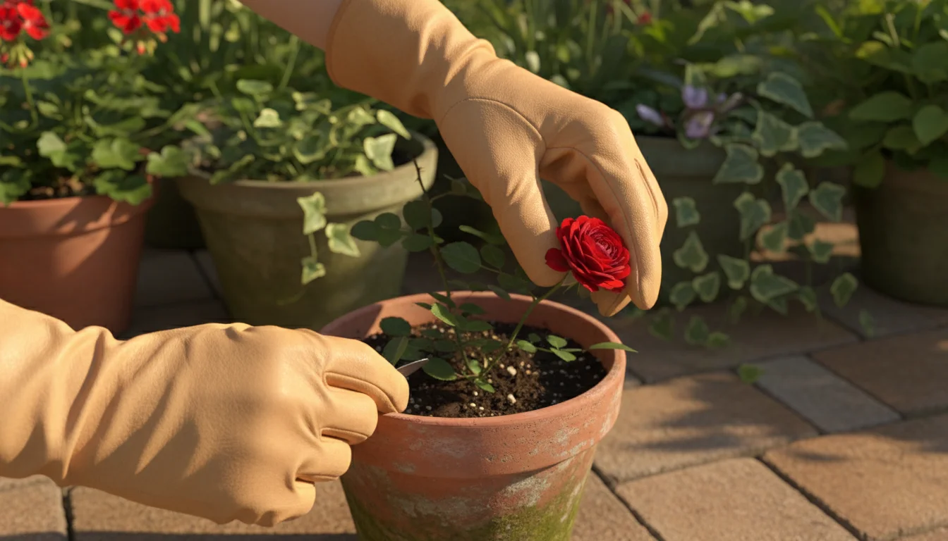 Hands in light-tan goatskin gloves carefully hold a thorny rose stem in a terracotta pot on a patio, showcasing leather's dexterity and protection.
