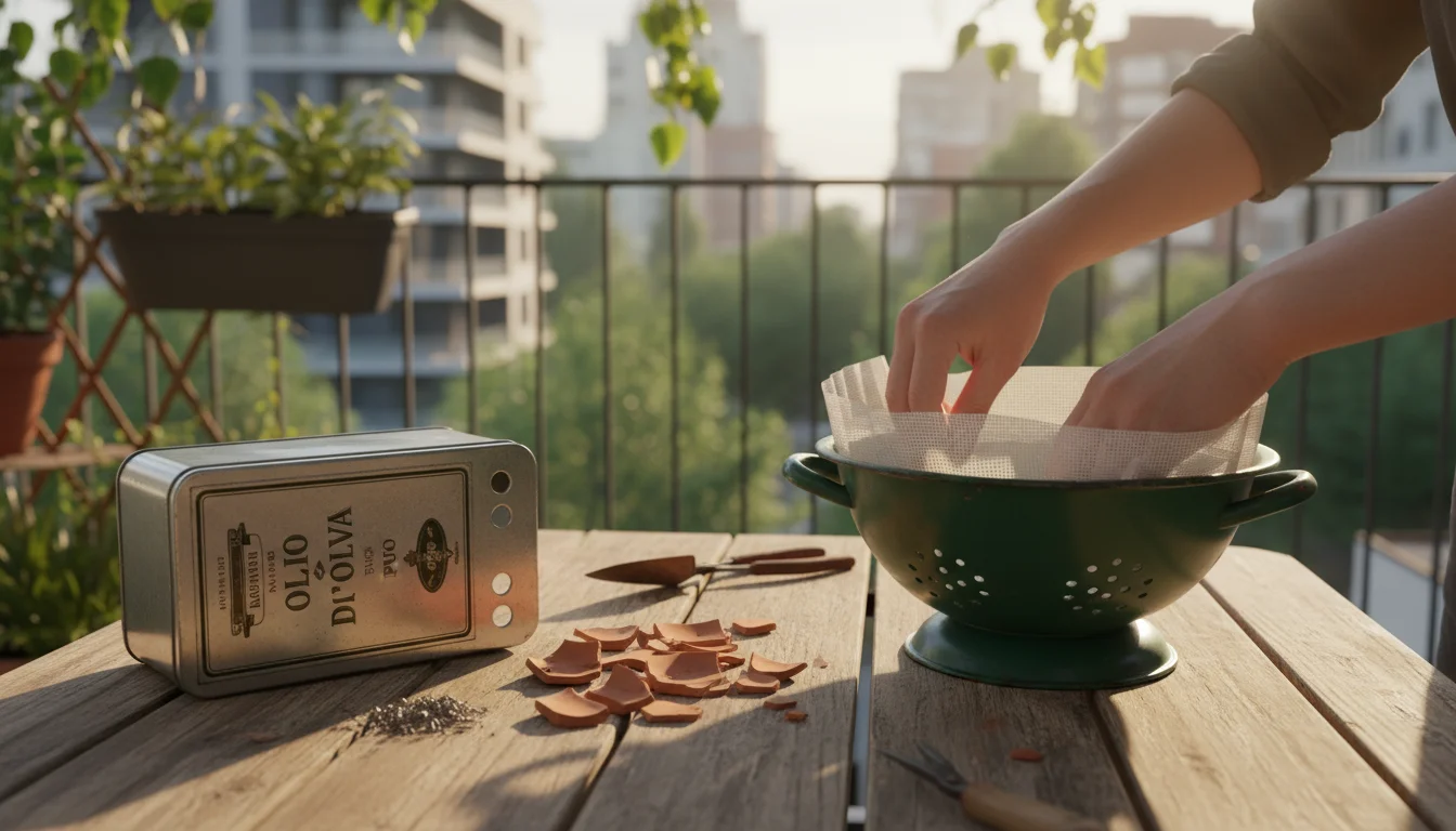 Hands line a green enamel colander with mesh on a wooden table, surrounded by a repurposed metal tin with drainage holes and drying terracotta pots.