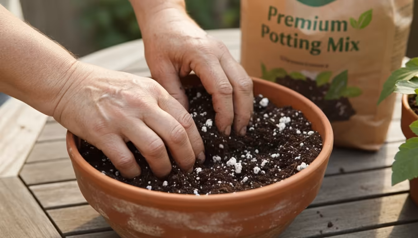 Close-up of hands gently loosening dark, perlite-rich potting mix in a terracotta pot on a wooden table, emphasizing its airy texture.