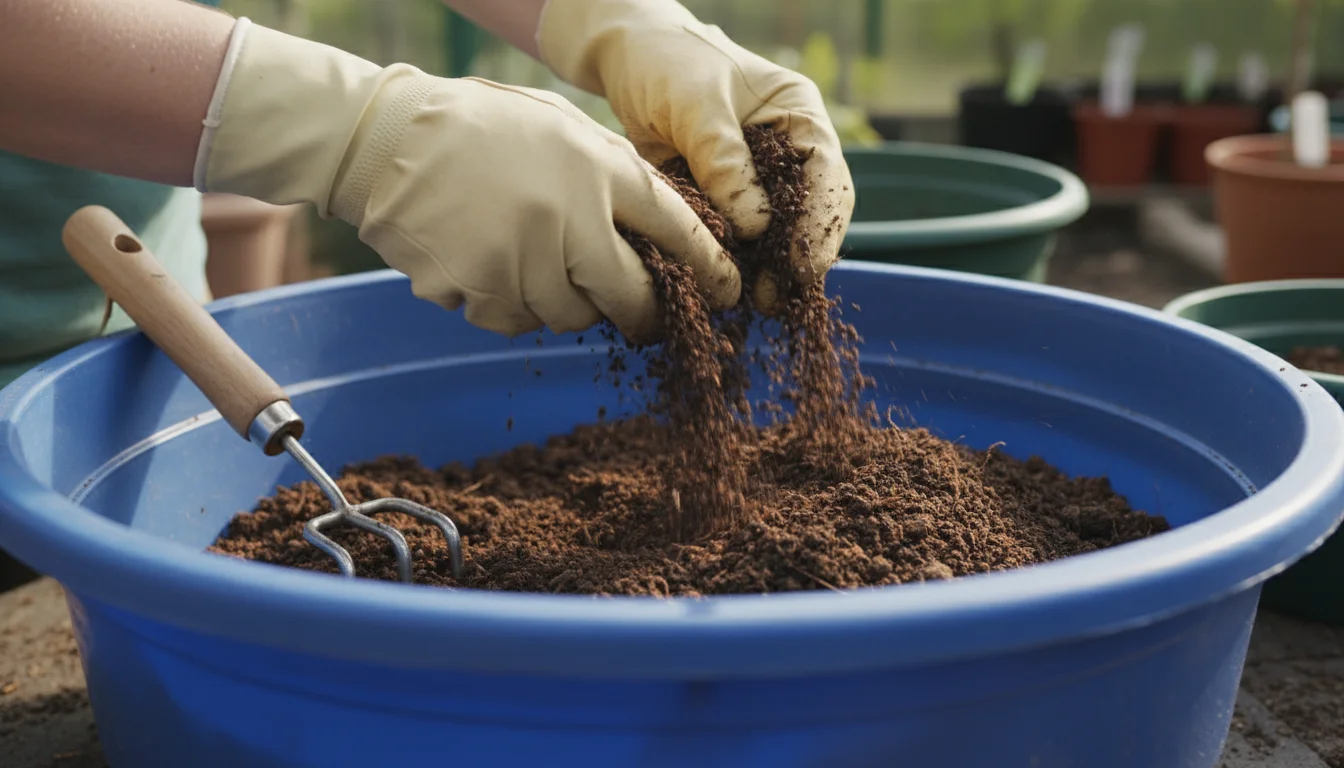 Hands loosening dark potting soil in a shallow mixing tub on a patio, showing friable texture with a hand cultivator nearby.