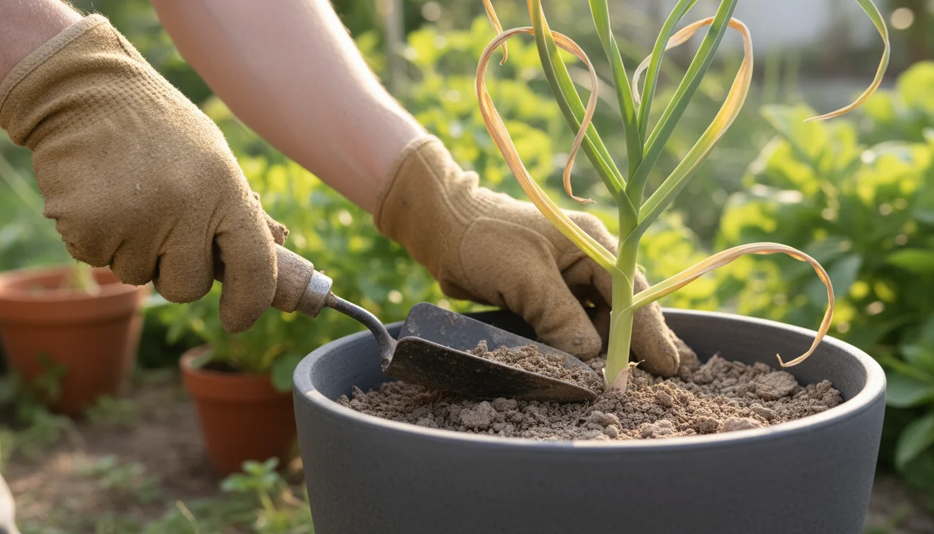 Close-up of hands gently loosening dry soil with a small trowel around a garlic plant in a dark grey pot on a balcony railing, bathed in soft sunlight