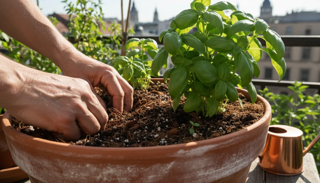 Hands gently loosening rich, dark soil in a terracotta pot with thriving basil on a sunny urban balcony, highlighting sustainable soil care.