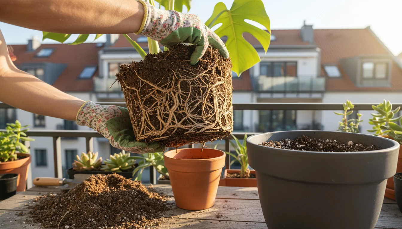 Hands loosening a severely rootbound Monstera plant's roots from compacted soil during repotting on an urban balcony.