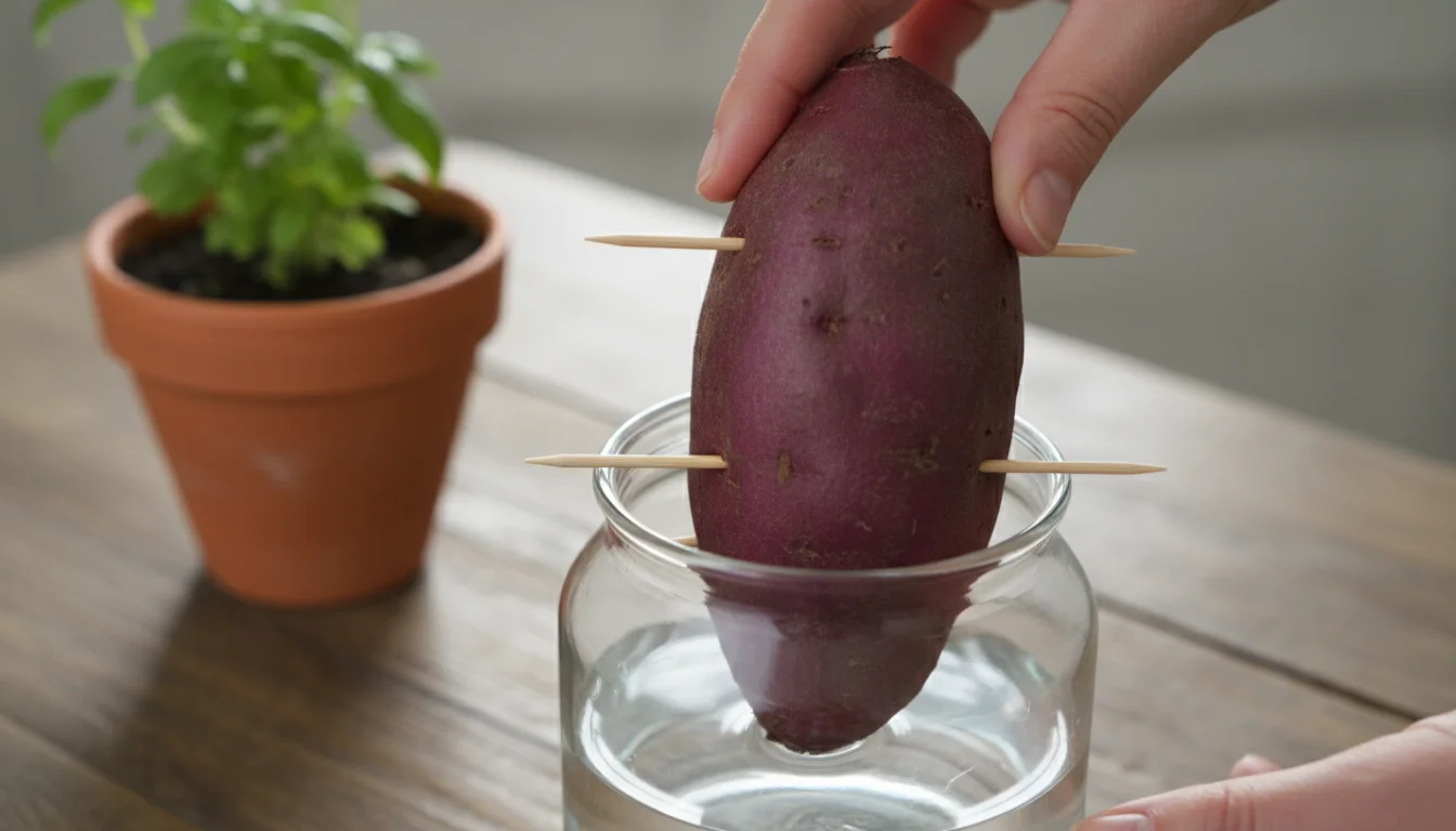 Hands gently lower a toothpick-pierced sweet potato into a clear glass jar, on a sunlit wooden windowsill, ready to sprout.