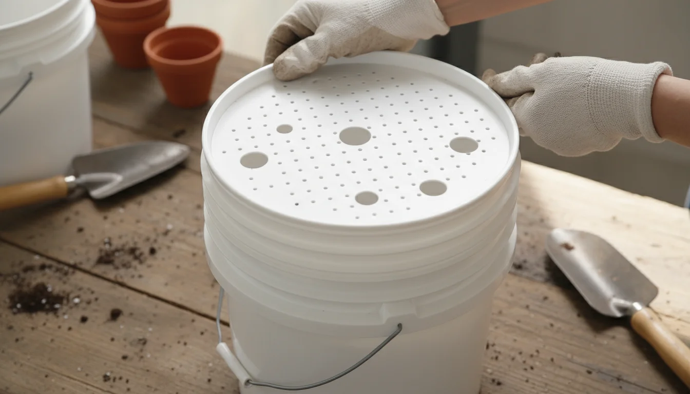Hands lower a white 5-gallon bucket bottom, cut and drilled with drainage/wick holes, into another 5-gallon bucket on a workbench.