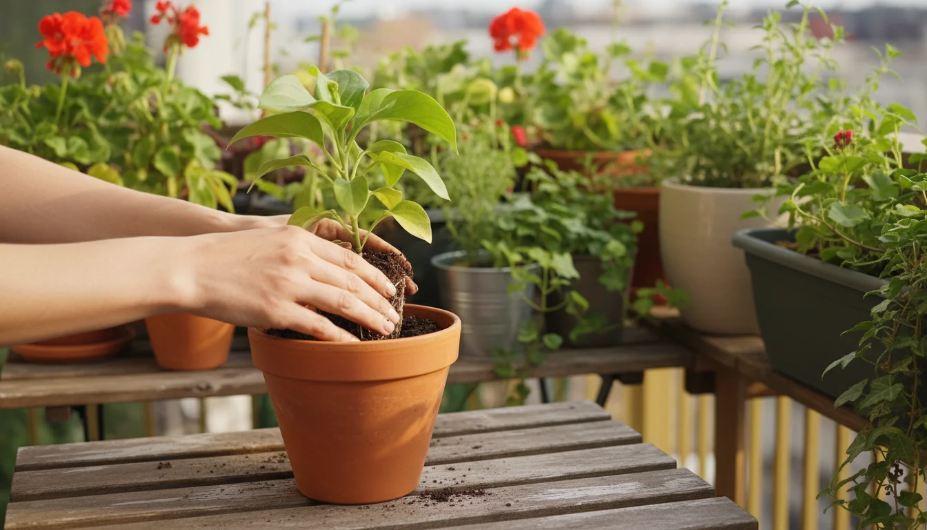 Hands gently lower a young plant into a terracotta pot filled with potting mix on a balcony table, sunlight shining.
