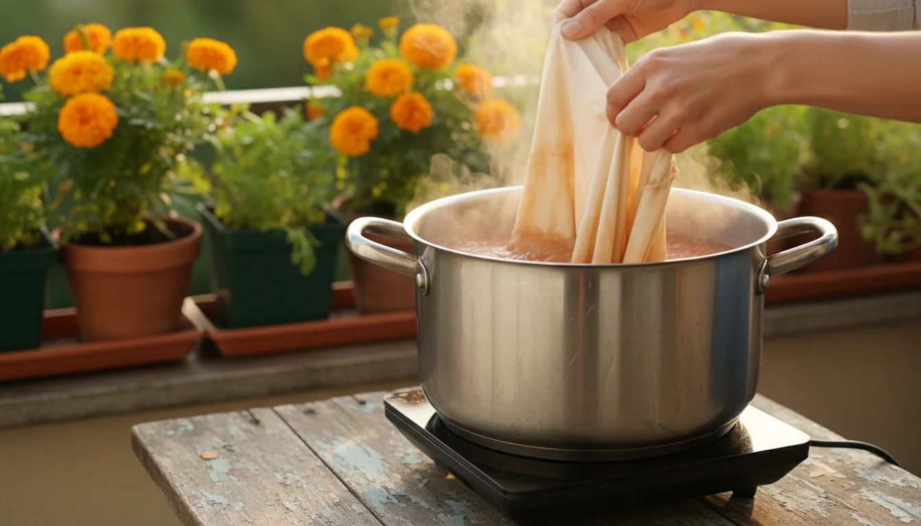 Hands carefully lowering a cream-colored fabric into a simmering rust-orange dye bath in a stainless steel pot on a wooden table.