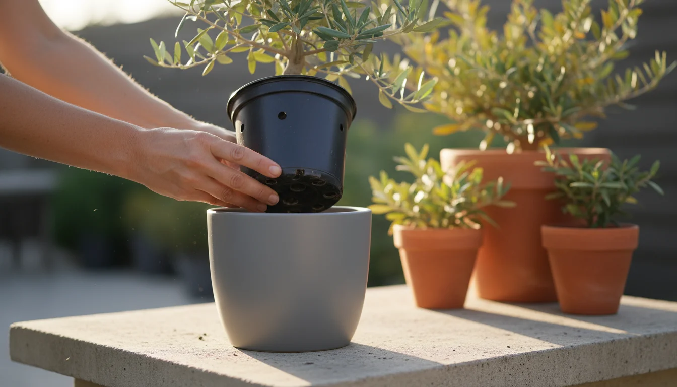 Hands lowering a nursery pot with a dwarf olive and visible drainage holes into a grey decorative cachepot on a patio table.