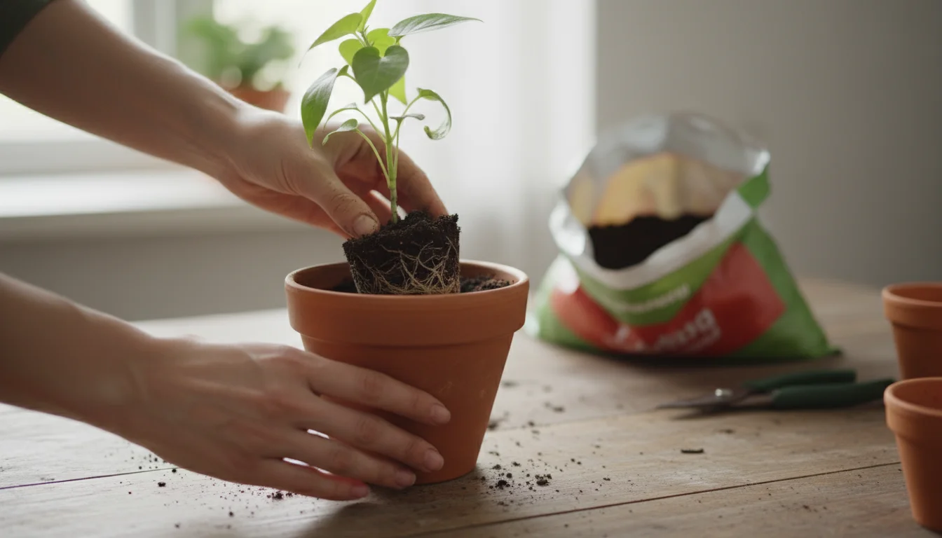 Close-up of hands gently lowering a small, green seedling with visible roots into a terracotta pot filled with dark soil on a wooden table.