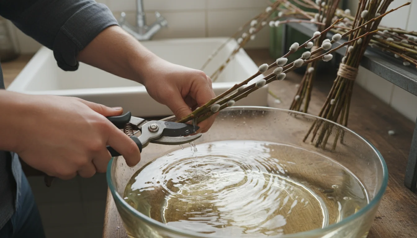 Hands making an angled cut on a dormant pussy willow branch underwater in a basin, surrounded by rippling water.
