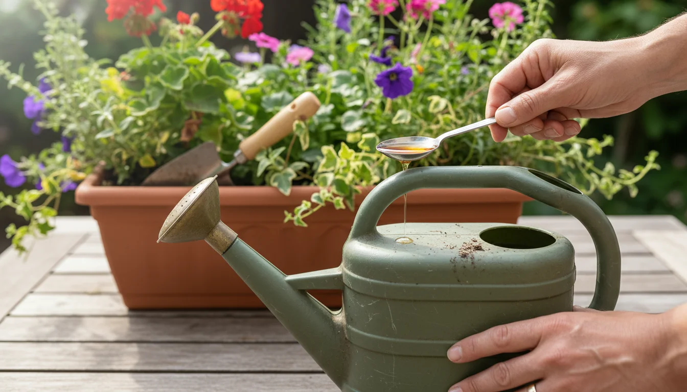 Hands carefully measure liquid fertilizer into a watering can, with young, healthy radish sprouts in a terracotta window box in the background.