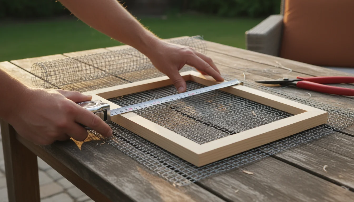 Hands measuring hardware cloth with a measuring tape, using a wooden picture frame as a guide on a patio table. Tin snips are visible nearby.