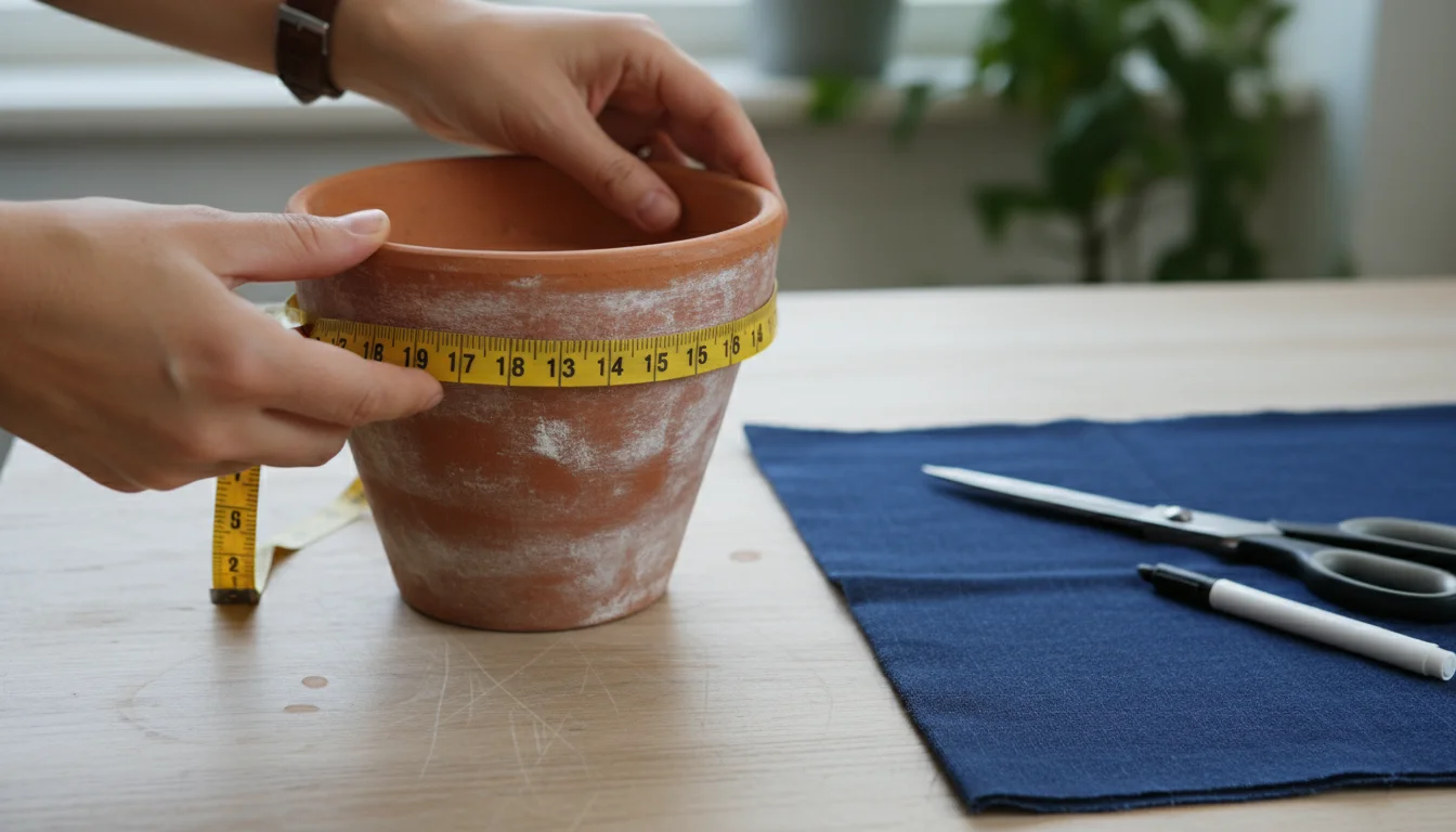Hands measuring a terracotta pot with a fabric tape measure, next to a piece of denim fabric on a wooden table.