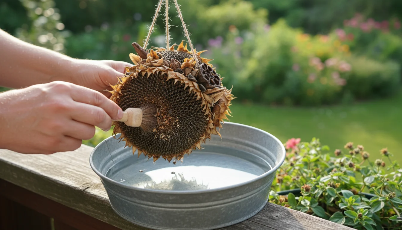 Hands meticulously cleaning a DIY bird feeder made from dried sunflower heads with a brush over a basin on a wooden balcony.