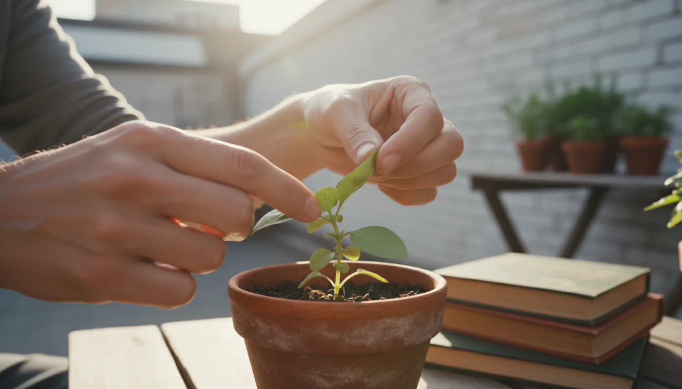 Close-up of hands meticulously inspecting the underside of a basil leaf in a terracotta pot on a fall patio before moving it indoors.