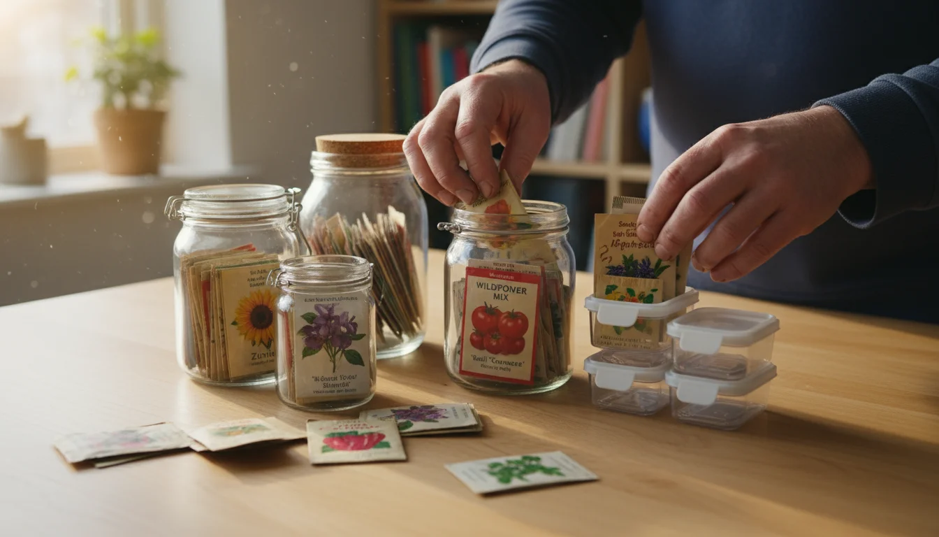Hands meticulously place colorful seed packets into clear, airtight storage jars and plastic containers on a wooden table.