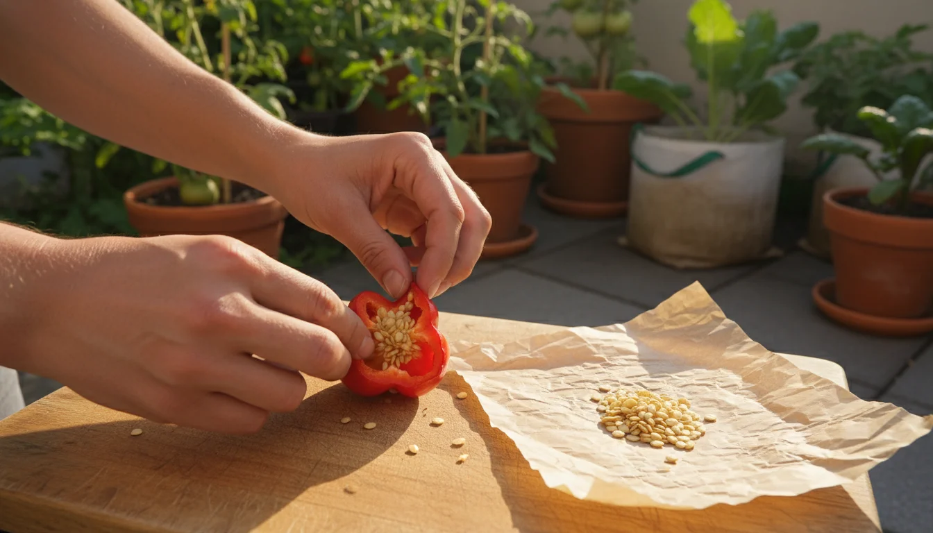 Close-up of hands meticulously separating red bell pepper seeds on a wooden board, with blurred container plants in the background.