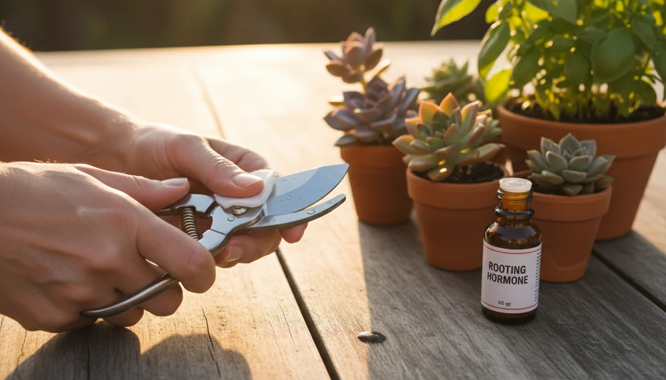 Hands meticulously sterilizing small pruning shears with rubbing alcohol on a sunlit patio table, with rooting hormone nearby.