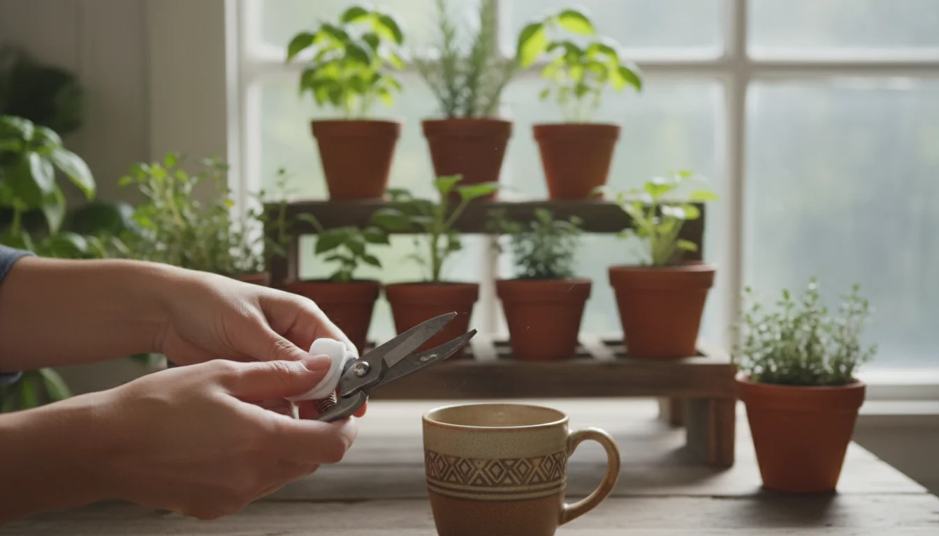 Hands meticulously wiping small plant pruners with an alcohol swab above a ceramic cup for clippings, near container plants on a windowsill.