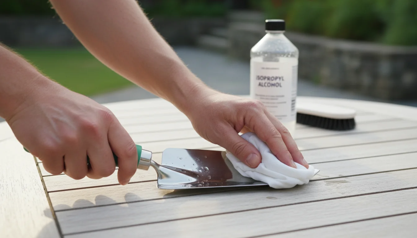 Hands meticulously wiping a stainless steel trowel with a white cloth on a wooden table, with rubbing alcohol nearby.