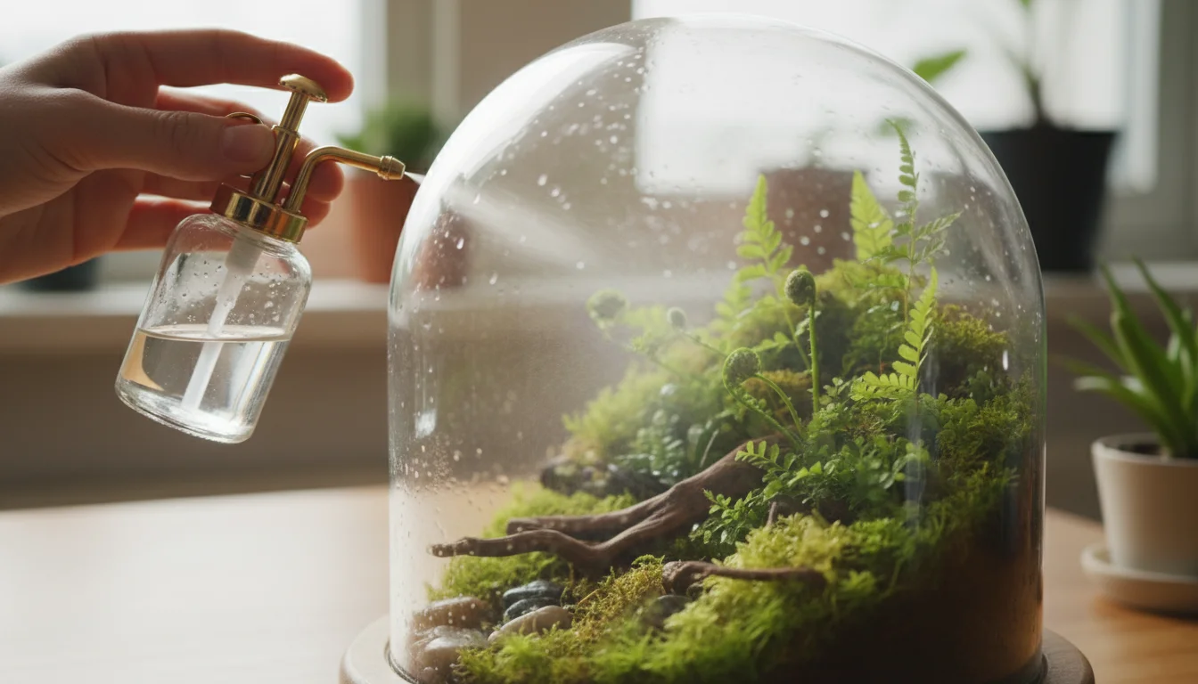 Hands gently misting a closed tabletop terrarium, with delicate condensation visible on the inner glass.