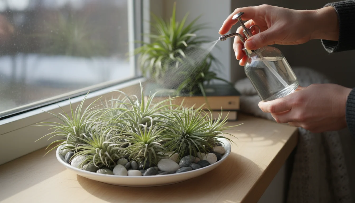 Hands misting a collection of Tillandsia air plants arranged on a wooden tray with pebbles on a windowsill.