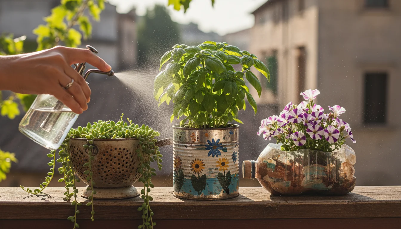 Hands misting herbs in an upcycled coffee can, with succulents in a colander and flowers in a plastic bottle, on a sunny balcony.