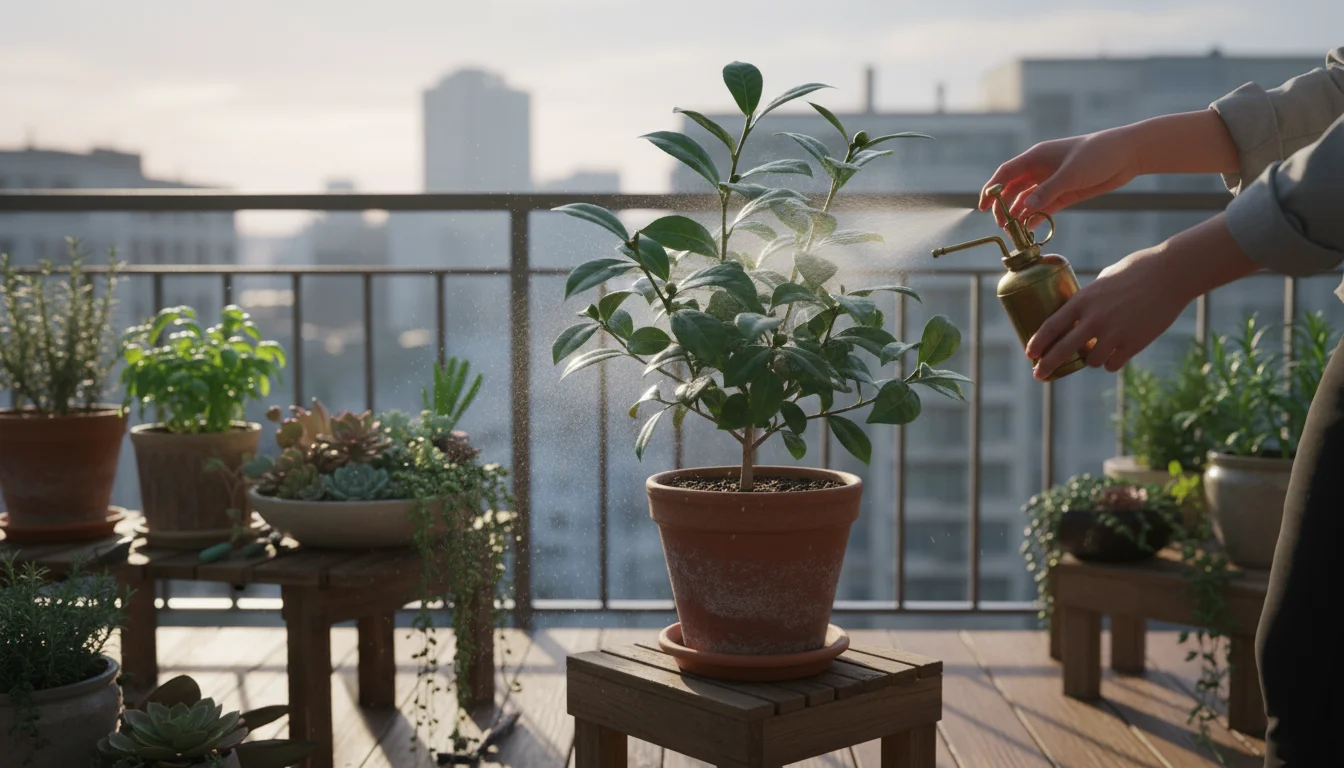 Hands misting a lush Camellia sinensis tea plant in a terracotta pot on a balcony, surrounded by other green potted plants.