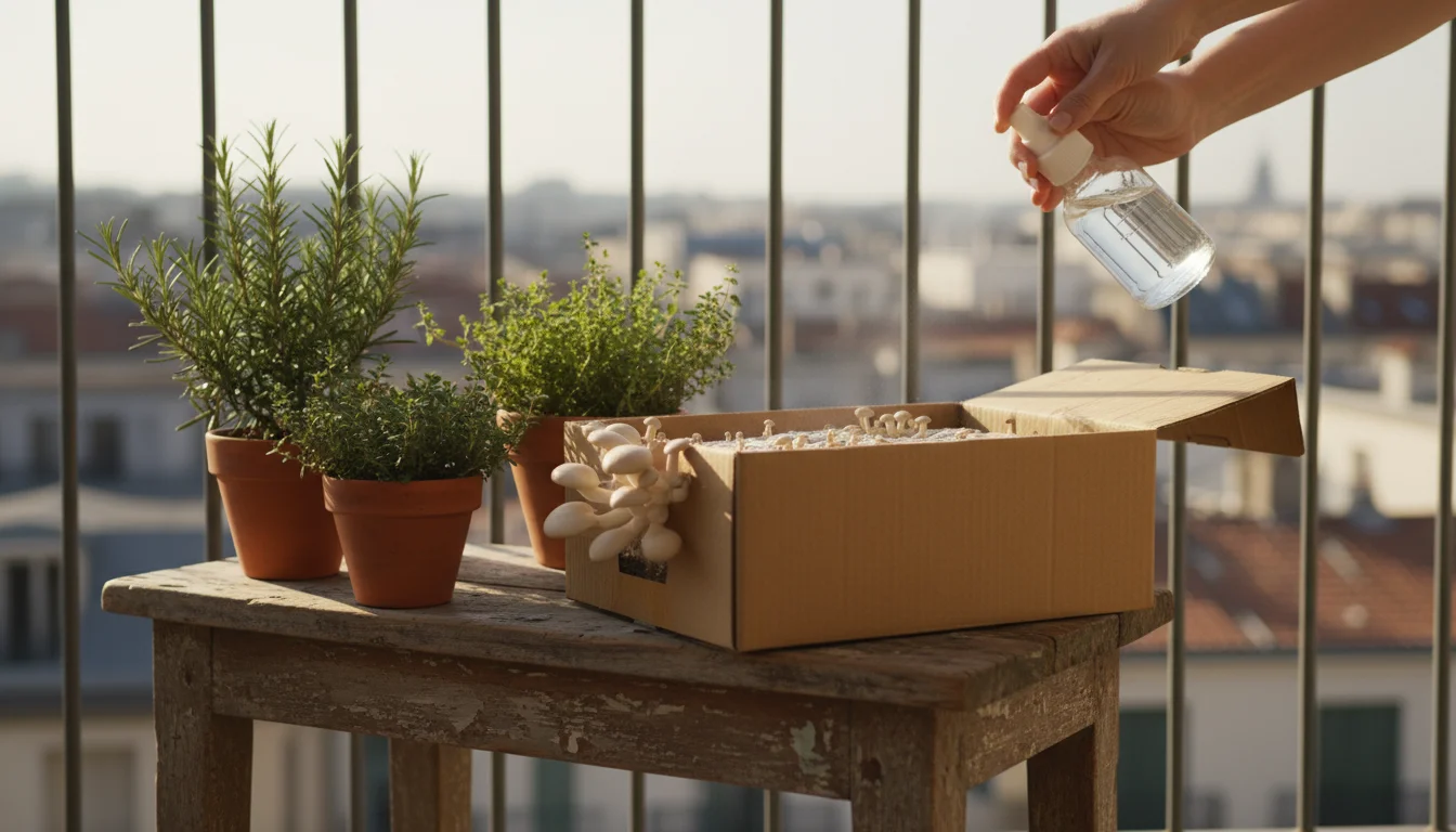 Hands gently misting a mushroom grow kit on a wooden stool on a balcony, with small potted herbs.
