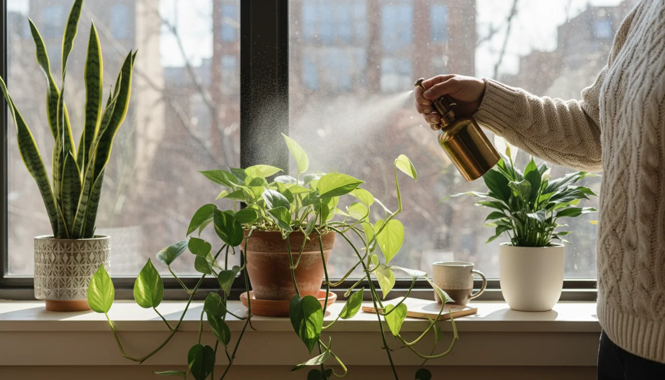 Hands gently misting a Pothos plant in a terracotta pot on a windowsill, surrounded by other houseplants in soft winter light.