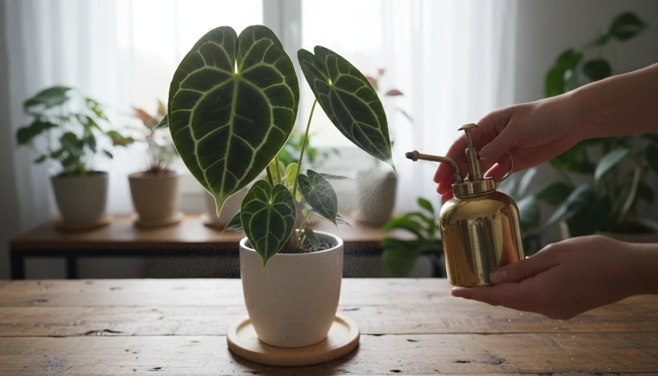 Close-up of hands gently misting the unique, deeply veined leaves of a rare Anthurium clarinervium in a pot on a patio table.