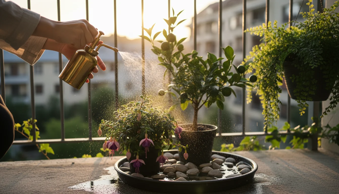 Close-up of hands misting vibrant container plants on a sunny balcony, with a pebble tray visible, demonstrating humidity and airflow.