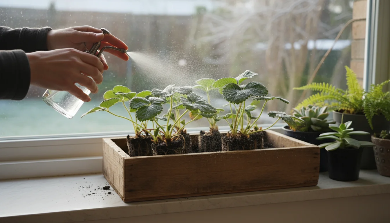 Hands misting vibrant green strawberry plants in a rustic wooden window box on a sunlit windowsill, with water droplets on leaves.