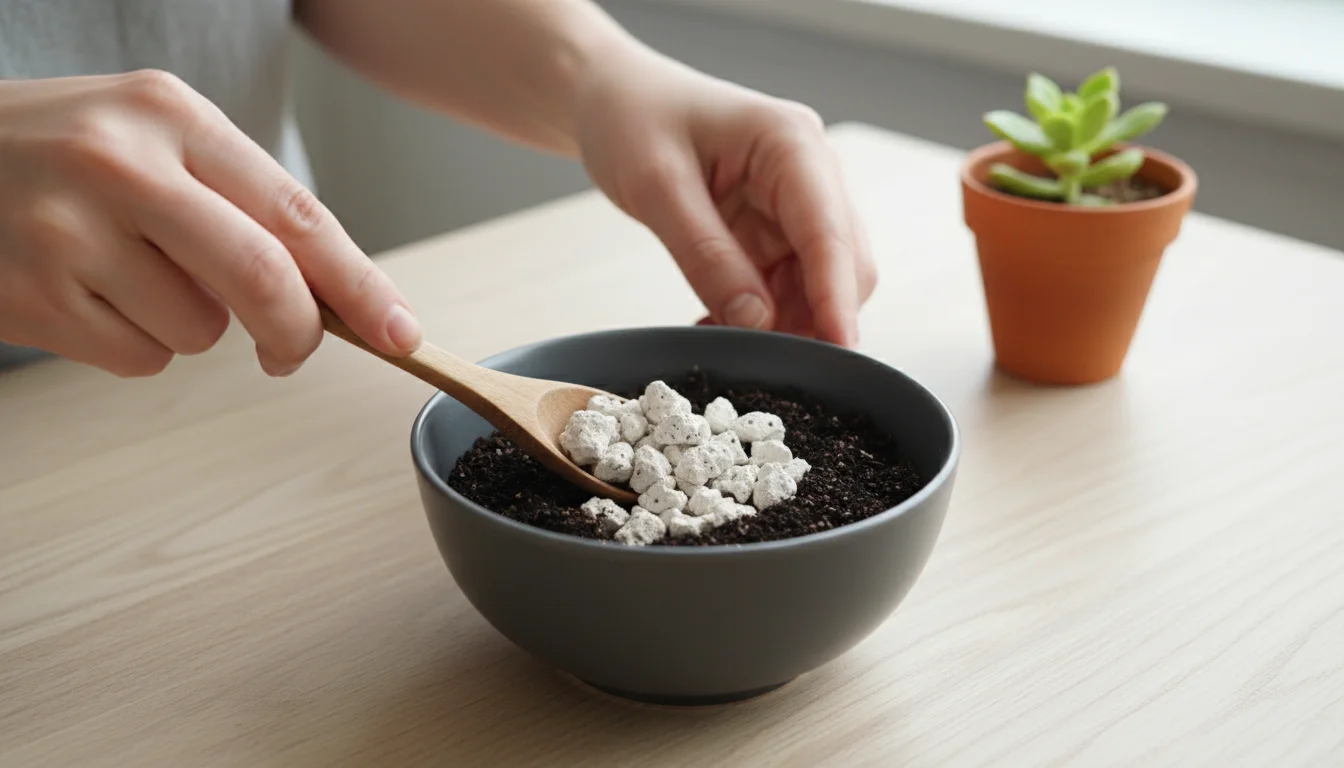Hands mix chunky white pumice into dark potting soil in a grey bowl on a light table, with a succulent in the background.