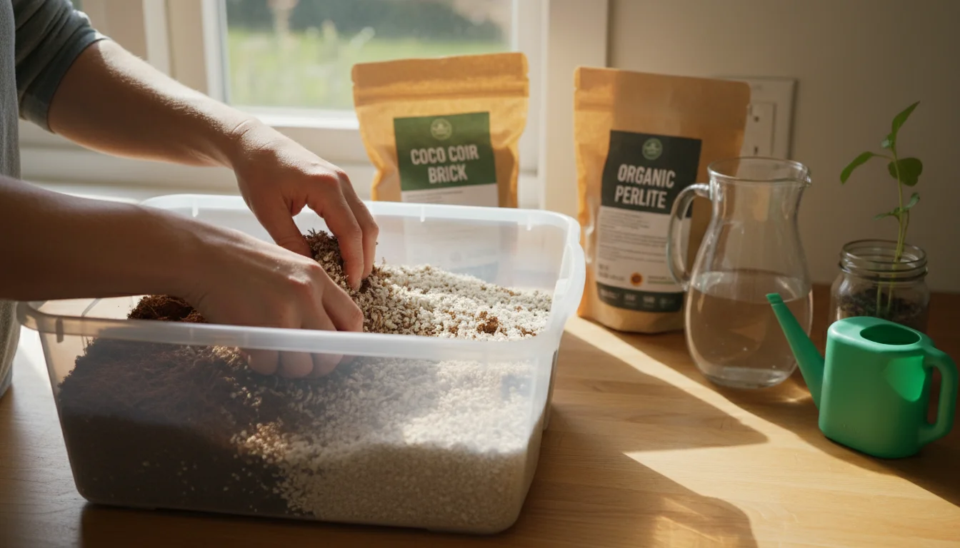 Hands gently mix coco coir, vermiculite, and perlite for seed starting on a small apartment counter, with collected rainwater in a pitcher.