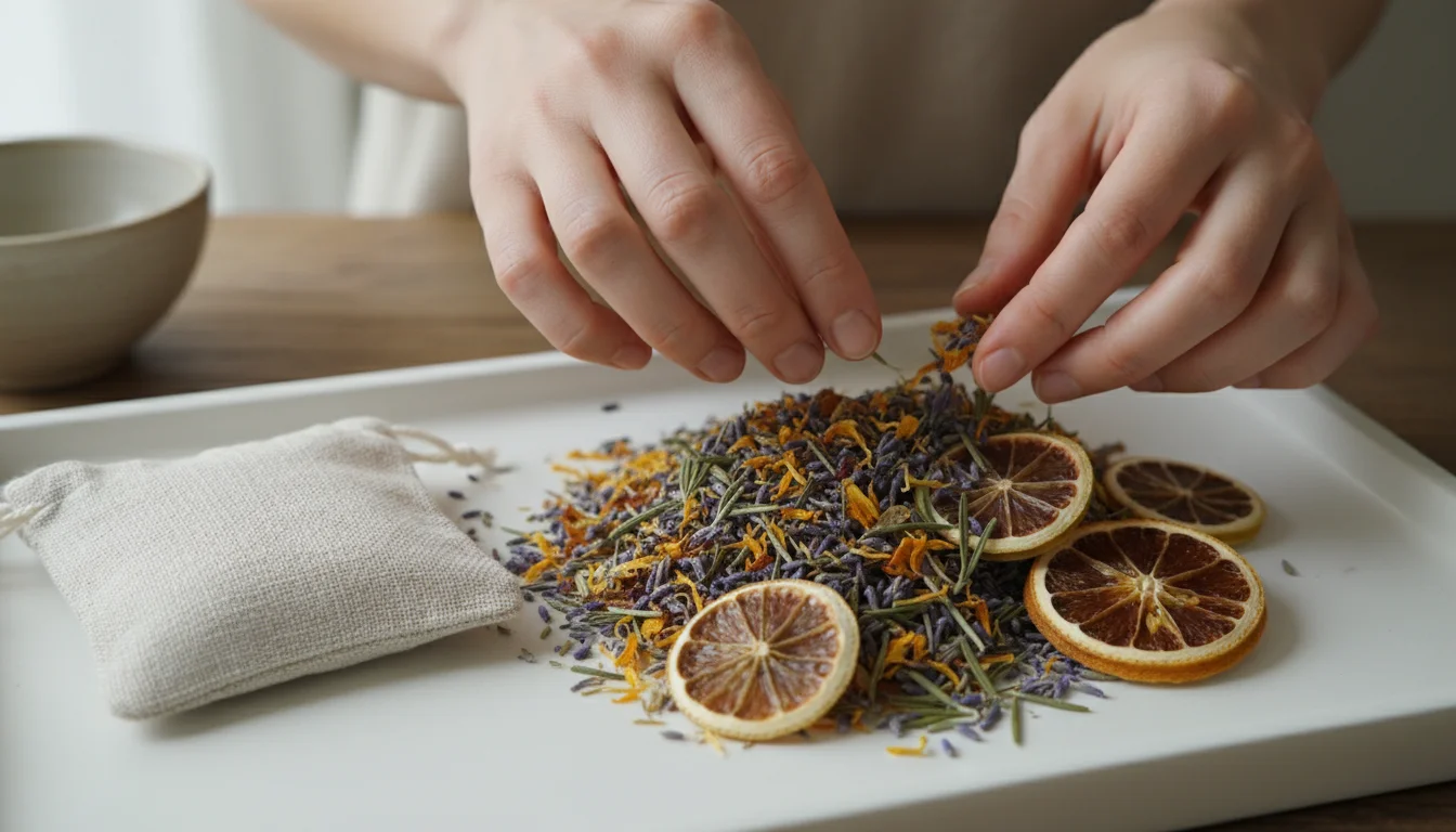 Hands gently mix colorful dried botanicals like lavender, marigold petals, rosemary, and citrus on a light tray, preparing potpourri.
