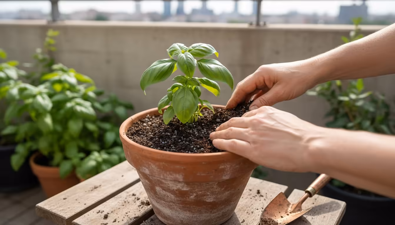 Hands mix compost and worm castings into soil around a vibrant basil plant in a terracotta pot on a small urban balcony.